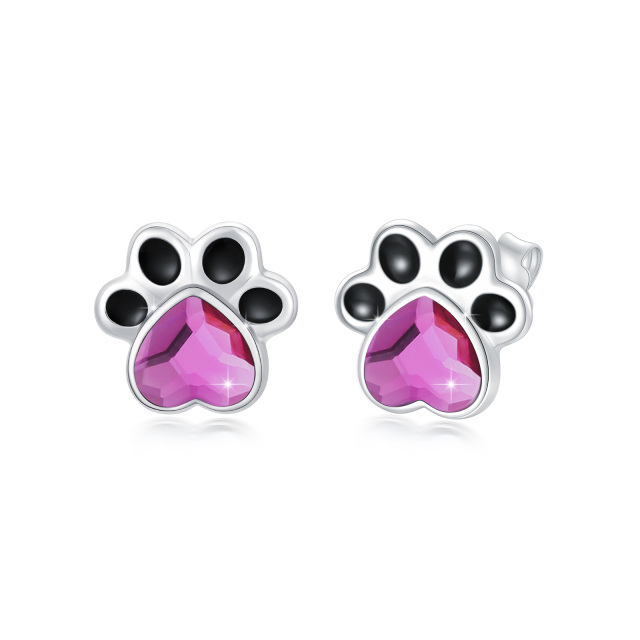 Sterling Silver Heart Shaped Crystal Paw Stud Earrings-1