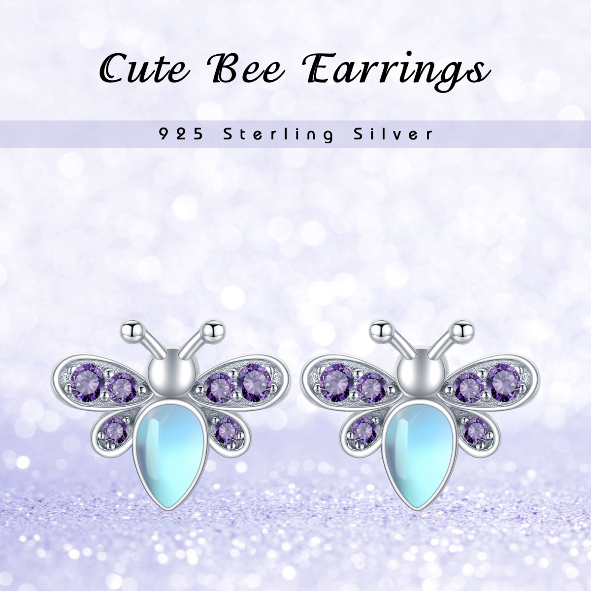 Sterling Silver Moonstone Bee Stud Earrings-6