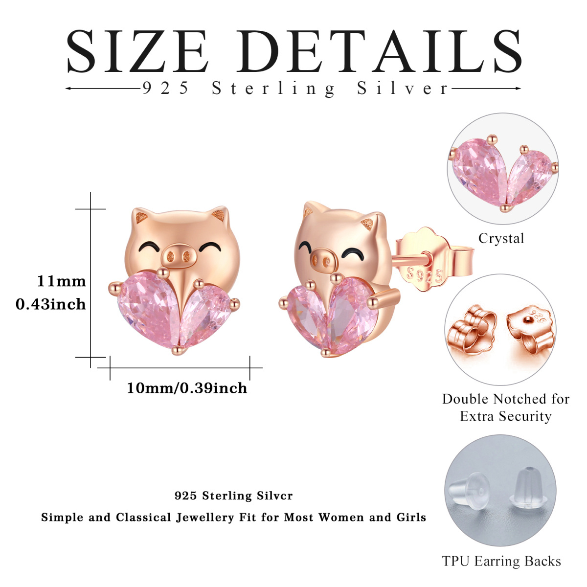 Sterling Silver with Rose Gold Plated Heart Shaped Crystal Pig Stud Earrings-7