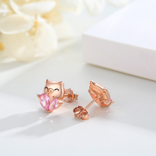Sterling Silver with Rose Gold Plated Heart Shaped Crystal Pig Stud Earrings-4