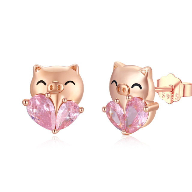 Sterling Silver with Rose Gold Plated Heart Shaped Crystal Pig Stud Earrings-0