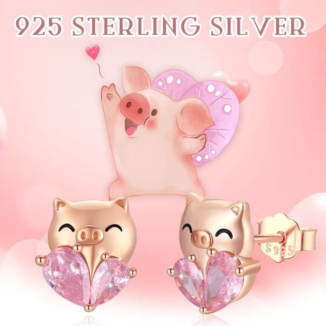 Sterling Silver with Rose Gold Plated Heart Shaped Crystal Pig Stud Earrings-5