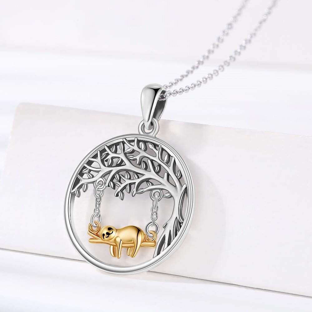 Sterling Silver Two-tone Sloth & Tree Of Life Pendant Necklace-4