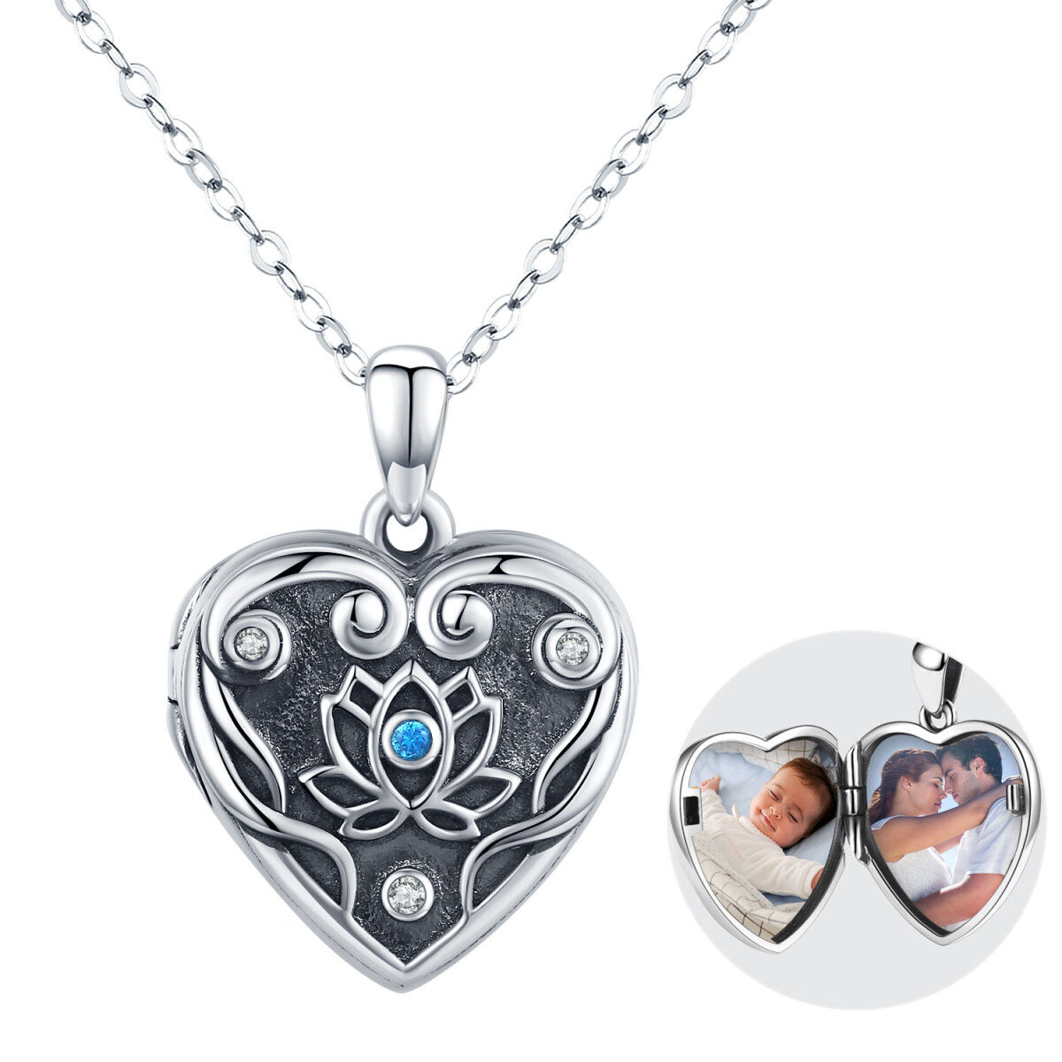 Sterling Silver Cubic Zirconia Lotus & Personalized Photo & Heart Personalized Photo Locket Necklace-1