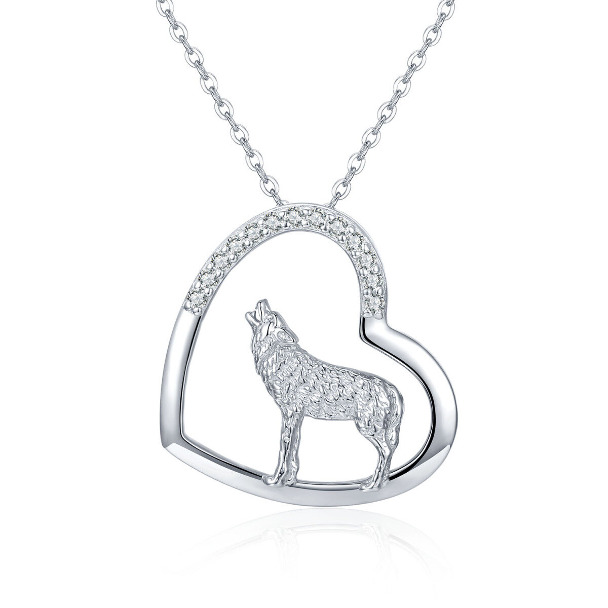 Sterling Silver Circular Shaped Cubic Zirconia Wolf & Heart Pendant Necklace-1