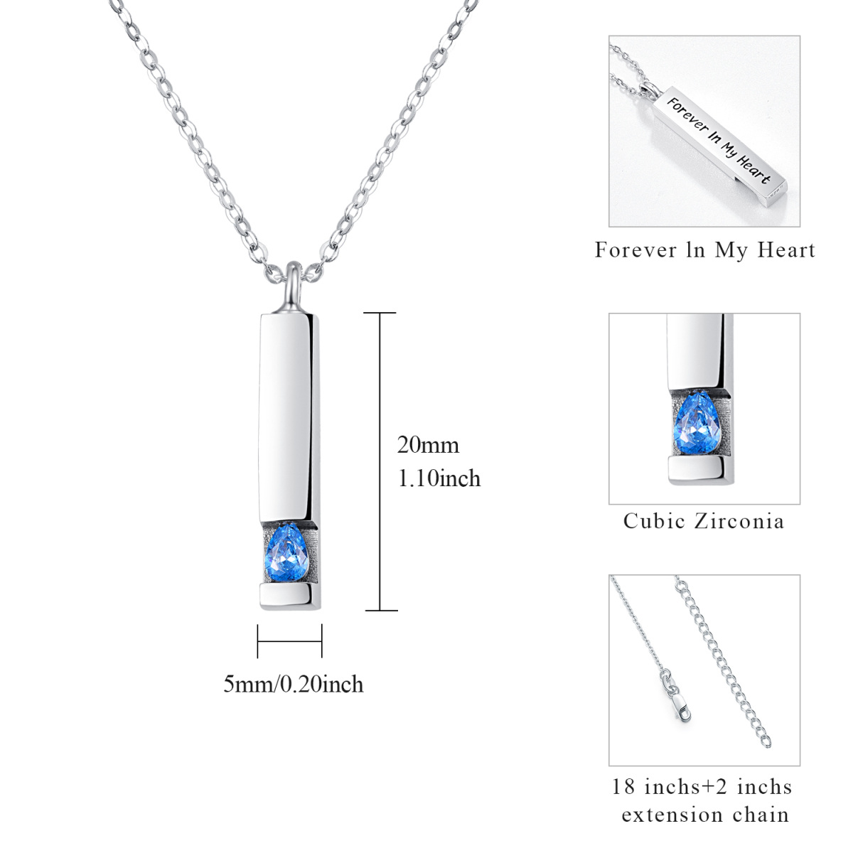 Sterling Silver Pear Shaped Cubic Zirconia Bar Urn Necklace for Ashes with Engraved Word-4