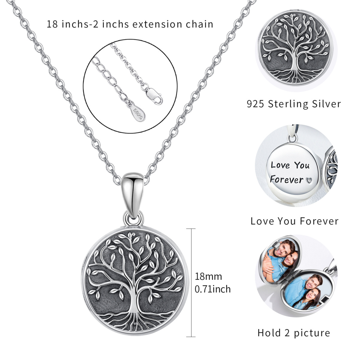 Sterling Silver Tree Of Life & Personalized Photo Personalized Photo Locket Necklace with Engraved Word-5