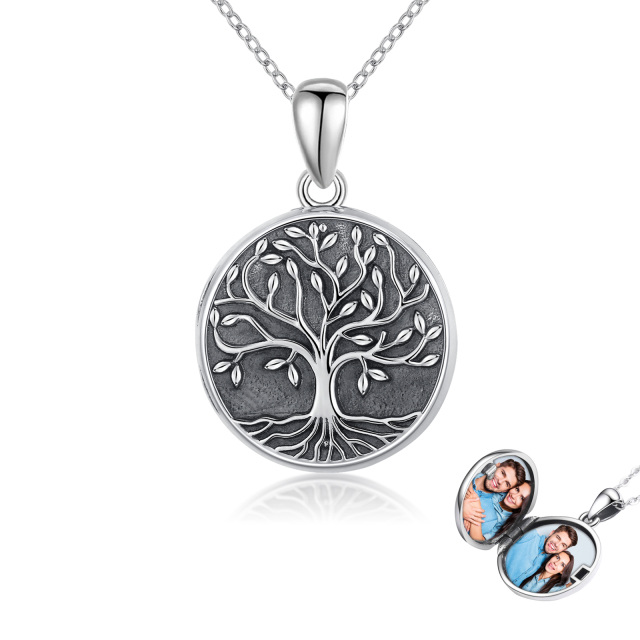 Sterling Silver Tree Of Life Personalized Photo Locket Necklace with Engraved Word-1
