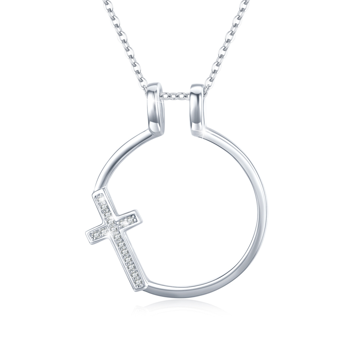 Sterling Silver Circular Shaped Cubic Zirconia Cross & Ring Holder Pendant Necklace-1