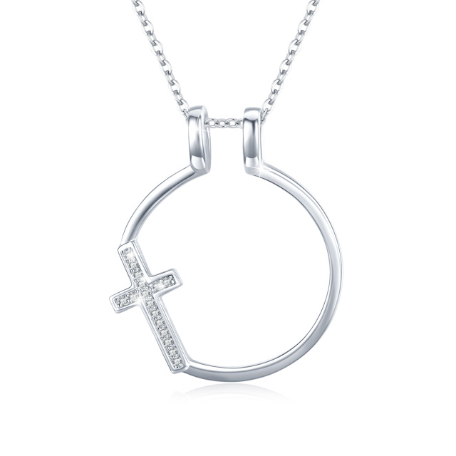 Sterling Silver Circular Shaped Cubic Zirconia Cross & Ring Holder Pendant Necklace-2