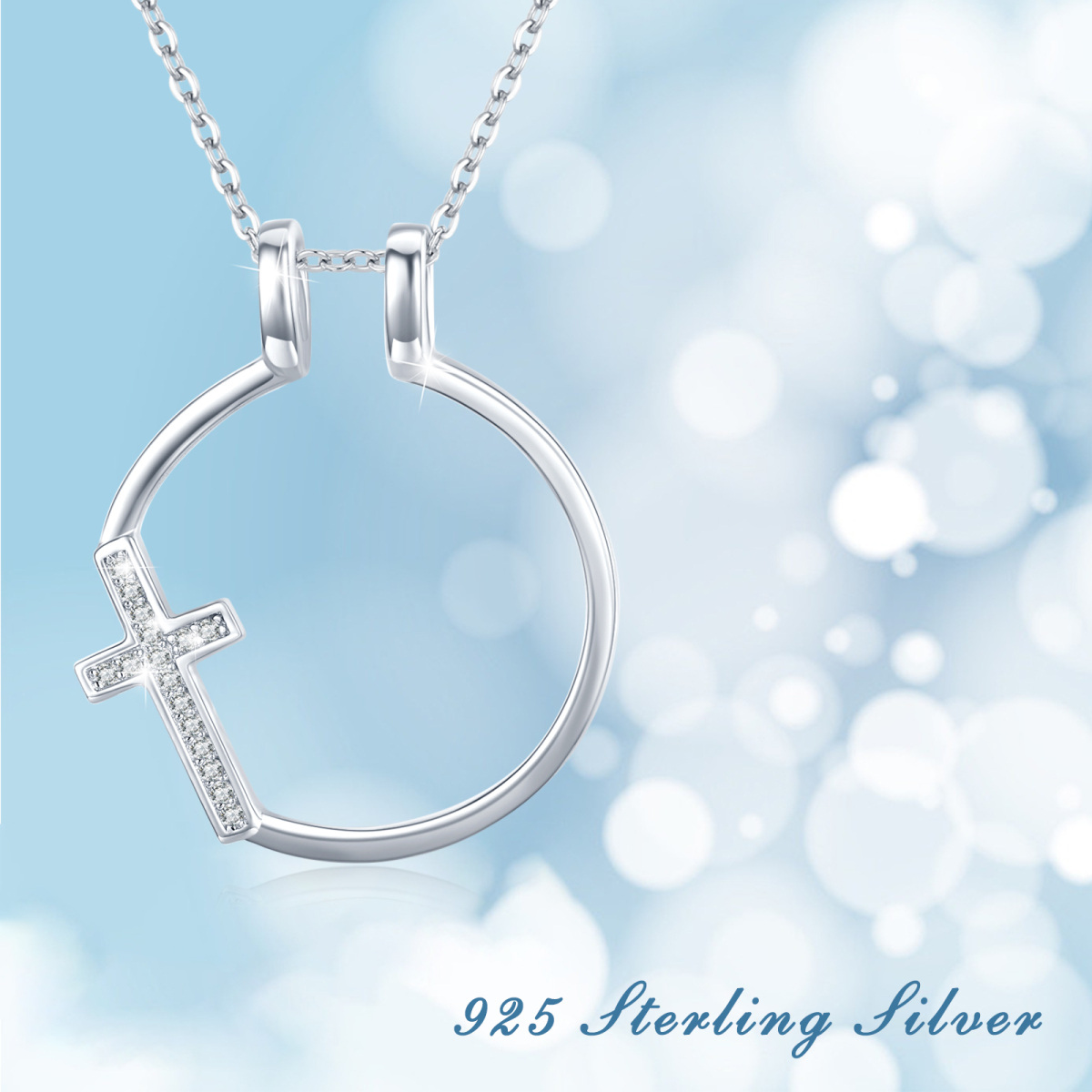 Sterling Silver Circular Shaped Cubic Zirconia Cross & Ring Holder Pendant Necklace-7