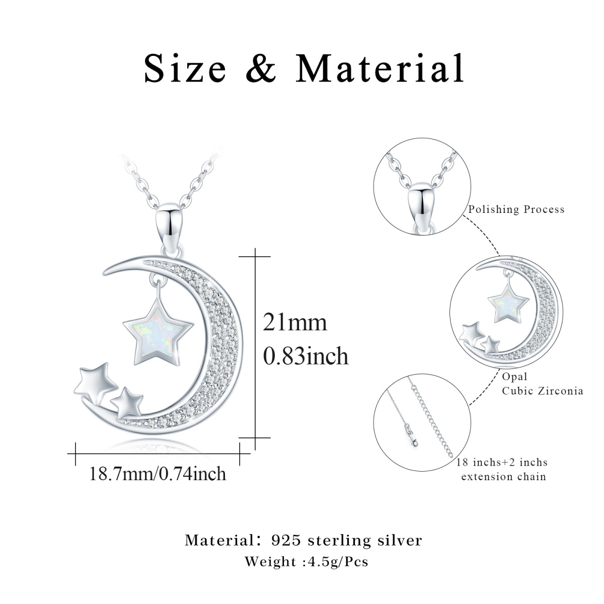 Sterling Silber Fünfzackige Sternförmige Opal Mond & Stern Anhänger Halskette-5