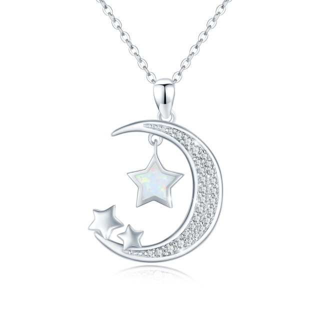 Sterling Silver Five-Pointed Star Shaped Opal Moon & Star Pendant Necklace-0