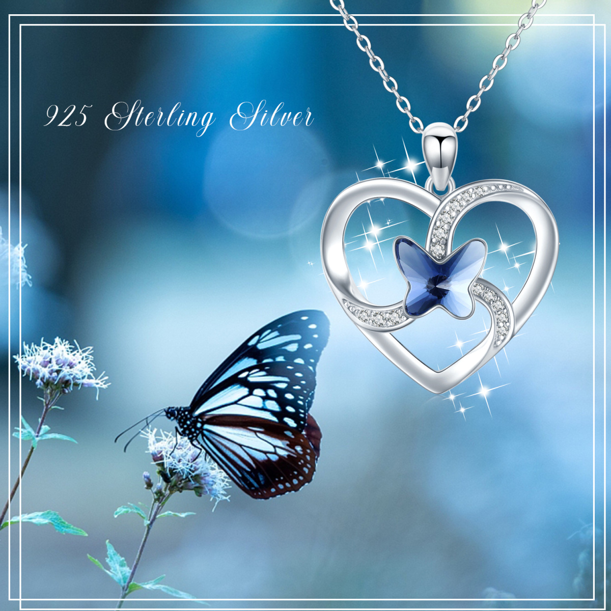 Collar de plata de ley con colgante de mariposa y corazón de cristal-5
