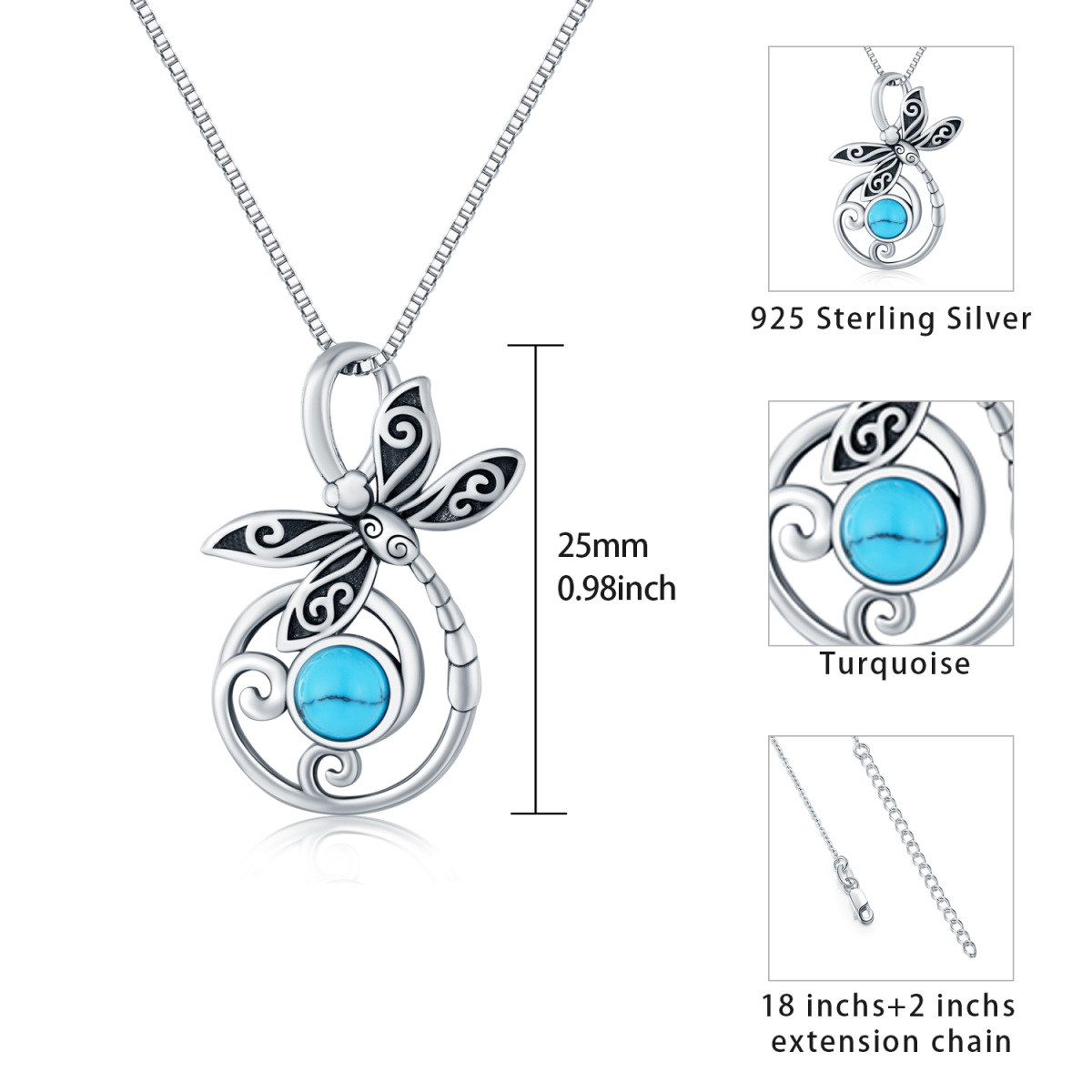 Sterling Silver Round Turquoise Dragonfly Pendant Necklace-5