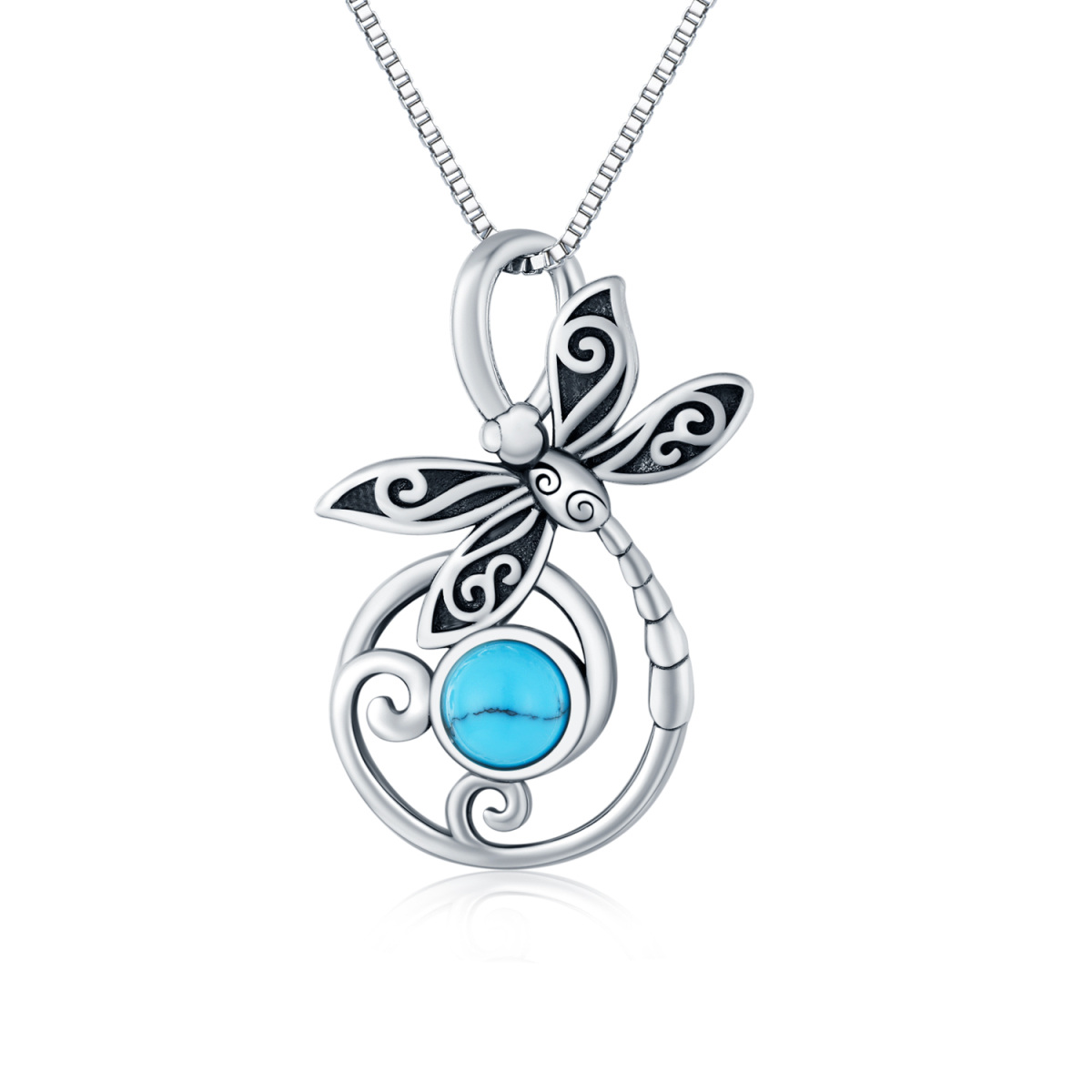 Sterling Silver Round Turquoise Dragonfly Pendant Necklace-1
