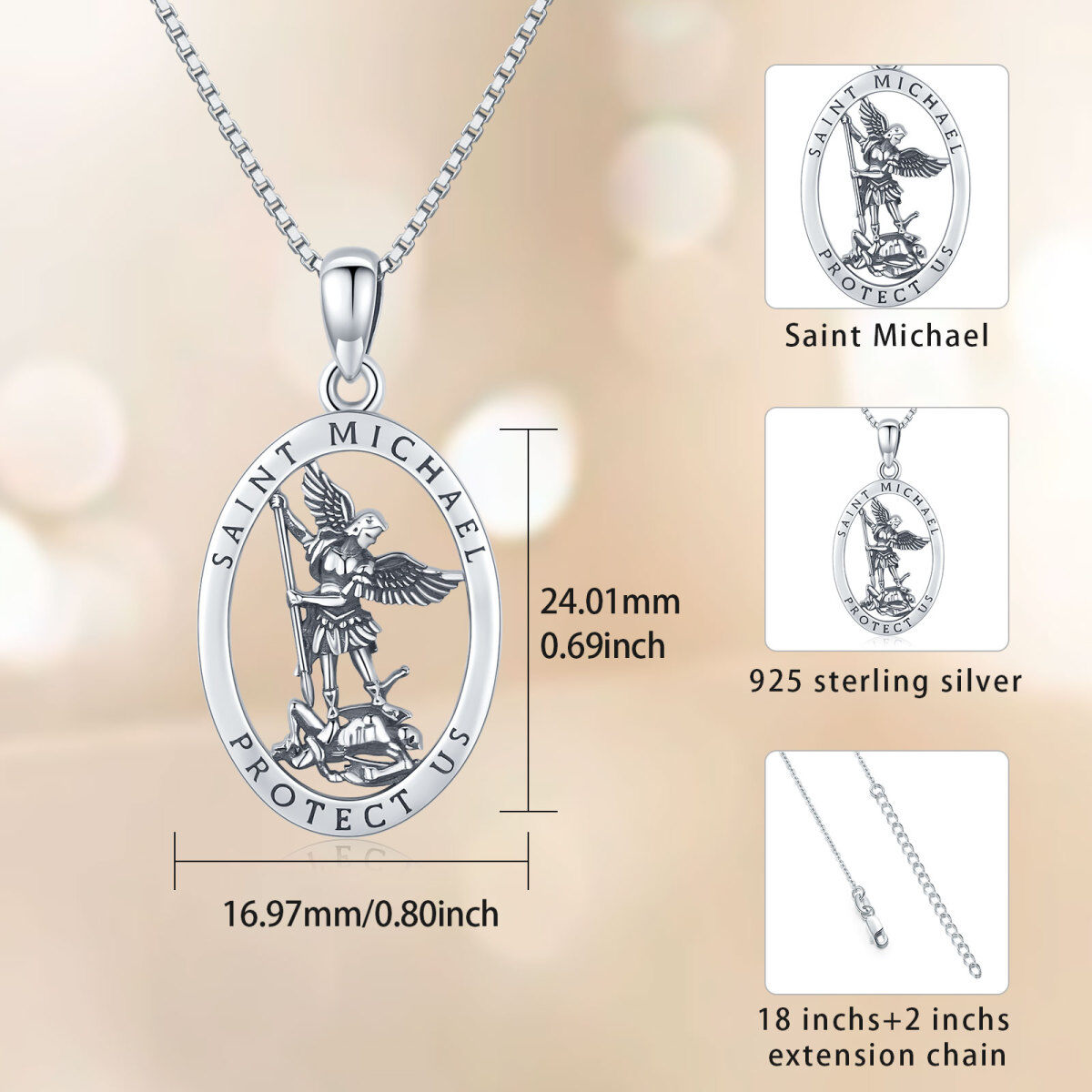 Sterling Silver Saint Michael Pendant Necklace with Box Chain-5