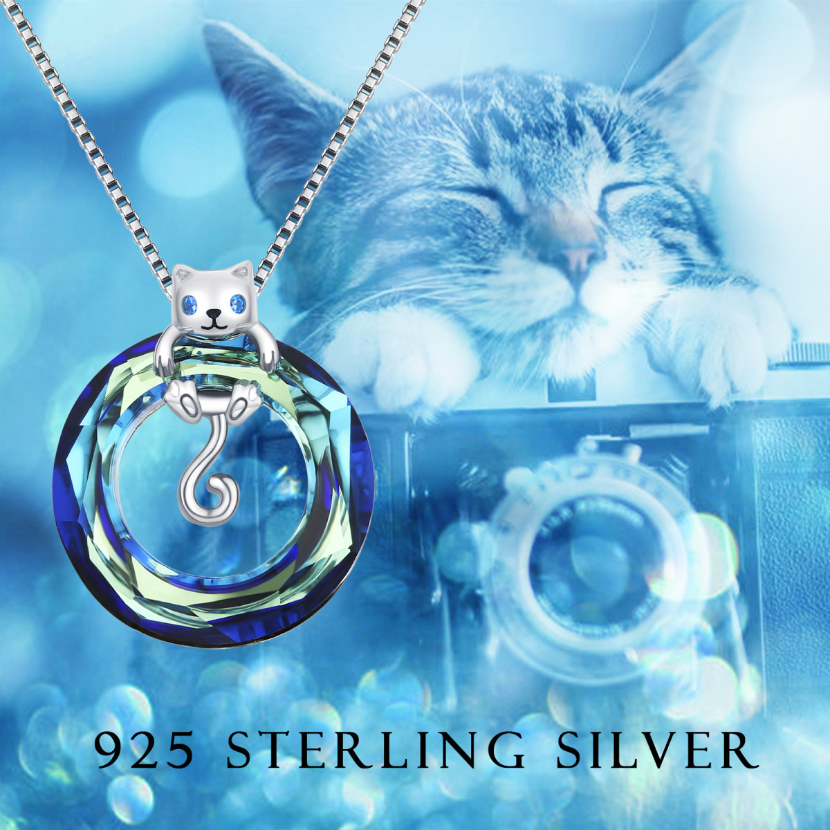 Sterling Silver Hanging Cat Crystal Pendant Necklace with Box Chain-5