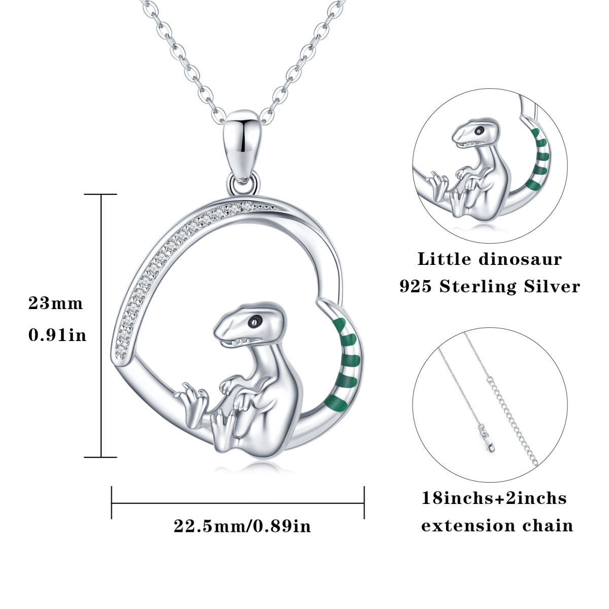 Sterling Silver Circular Shaped Cubic Zirconia Dinosaur Heart Pendant Necklace-5