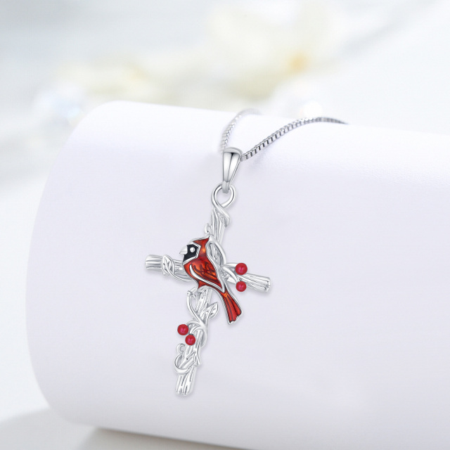 Sterling Silver Cardinal & Cross Pendant Necklace-4