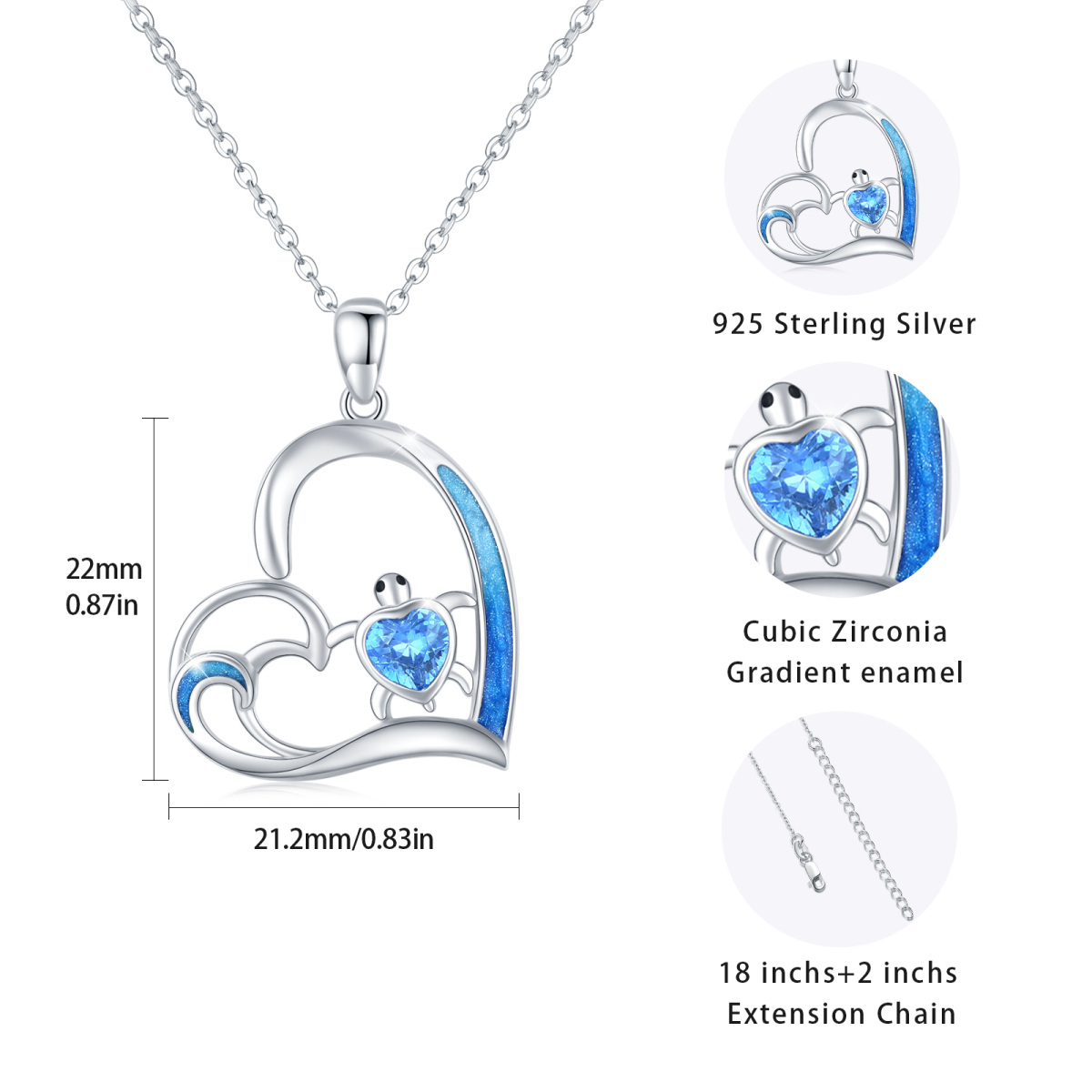 Sterling Silver Heart Shaped Blue Cubic Zirconia Sea Turtle Heart Pendant Necklace-6