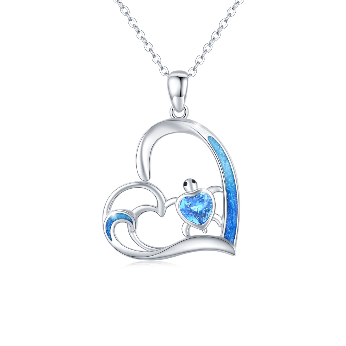 Sterling Silver Heart Shaped Blue Cubic Zirconia Sea Turtle Heart Pendant Necklace-1