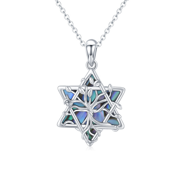 Sterling Silver Abalone Shellfish Star Of David Tree Of Life Pendant Necklace-0
