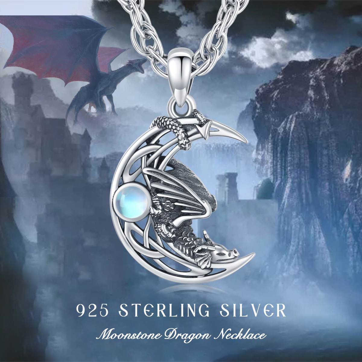 Sterling Silver Circular Shaped Moonstone Dragon Singapore Chain Necklace for Men-6