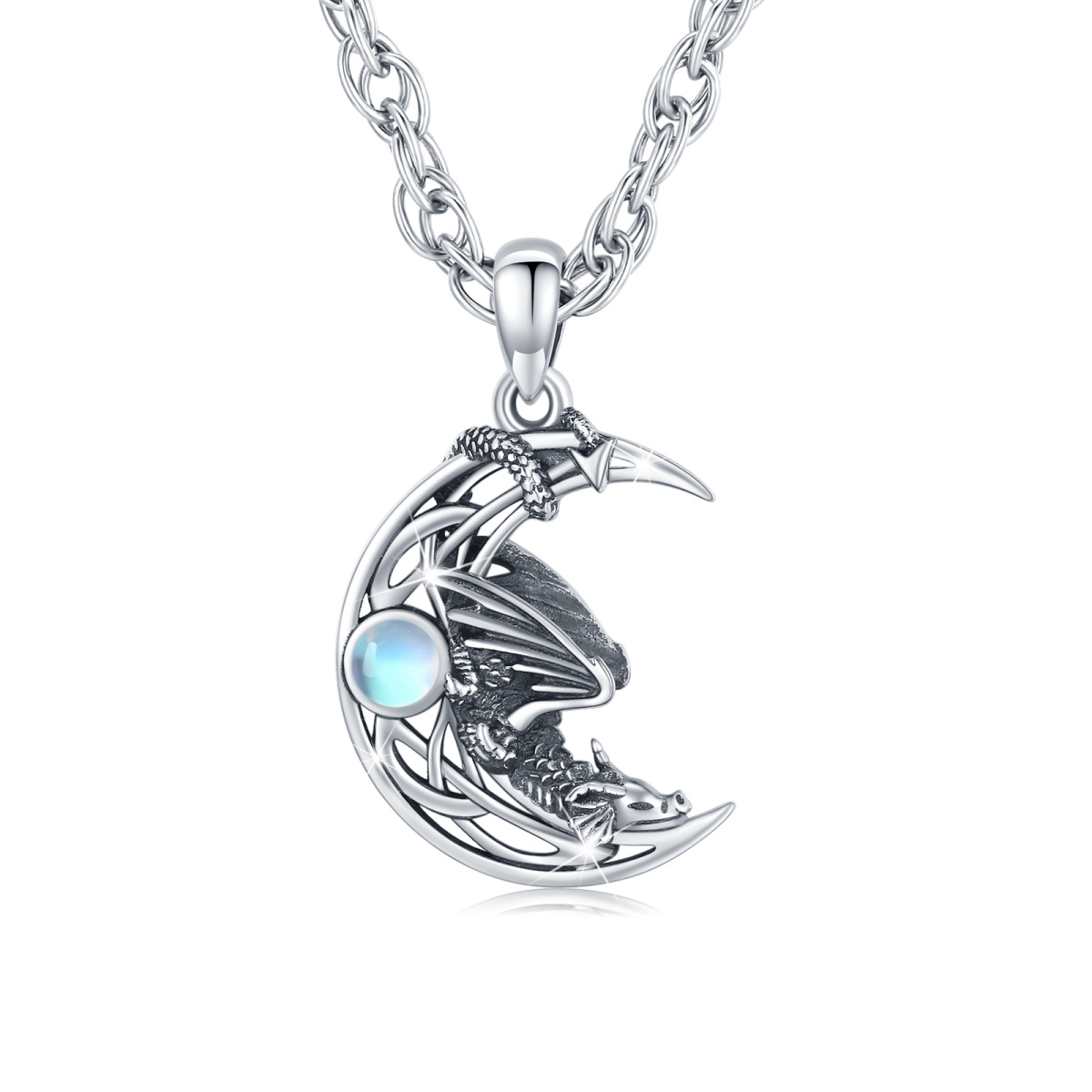 Sterling Silver Circular Shaped Moonstone Dragon Singapore Chain Necklace for Men-1