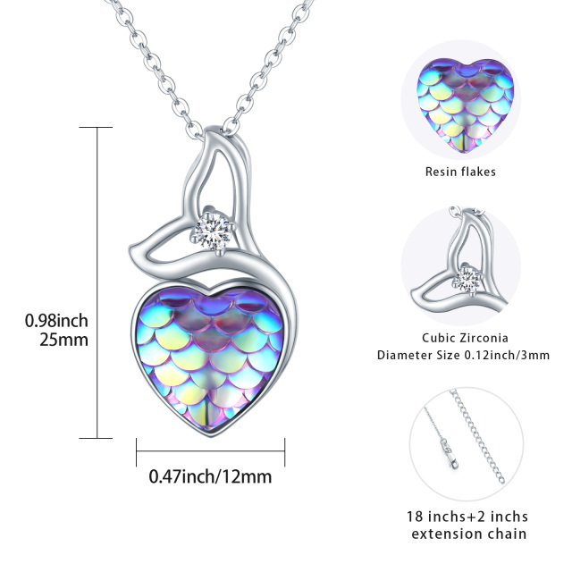 Sterling Silver Circular Shaped Cubic Zirconia Mermaid Tail & Heart Pendant Necklace-4