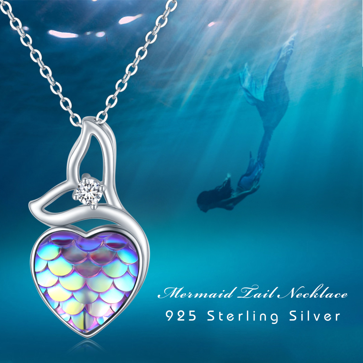 Sterling Silver Circular Shaped Cubic Zirconia Mermaid Tail & Heart Pendant Necklace-6