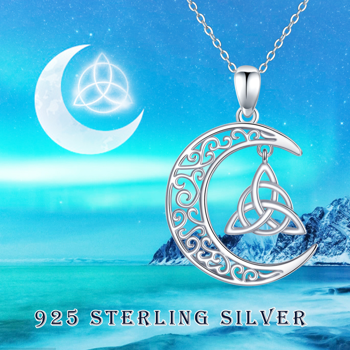 Sterling Silber Keltischer Knoten & Mond Kabelkette Halskette-5
