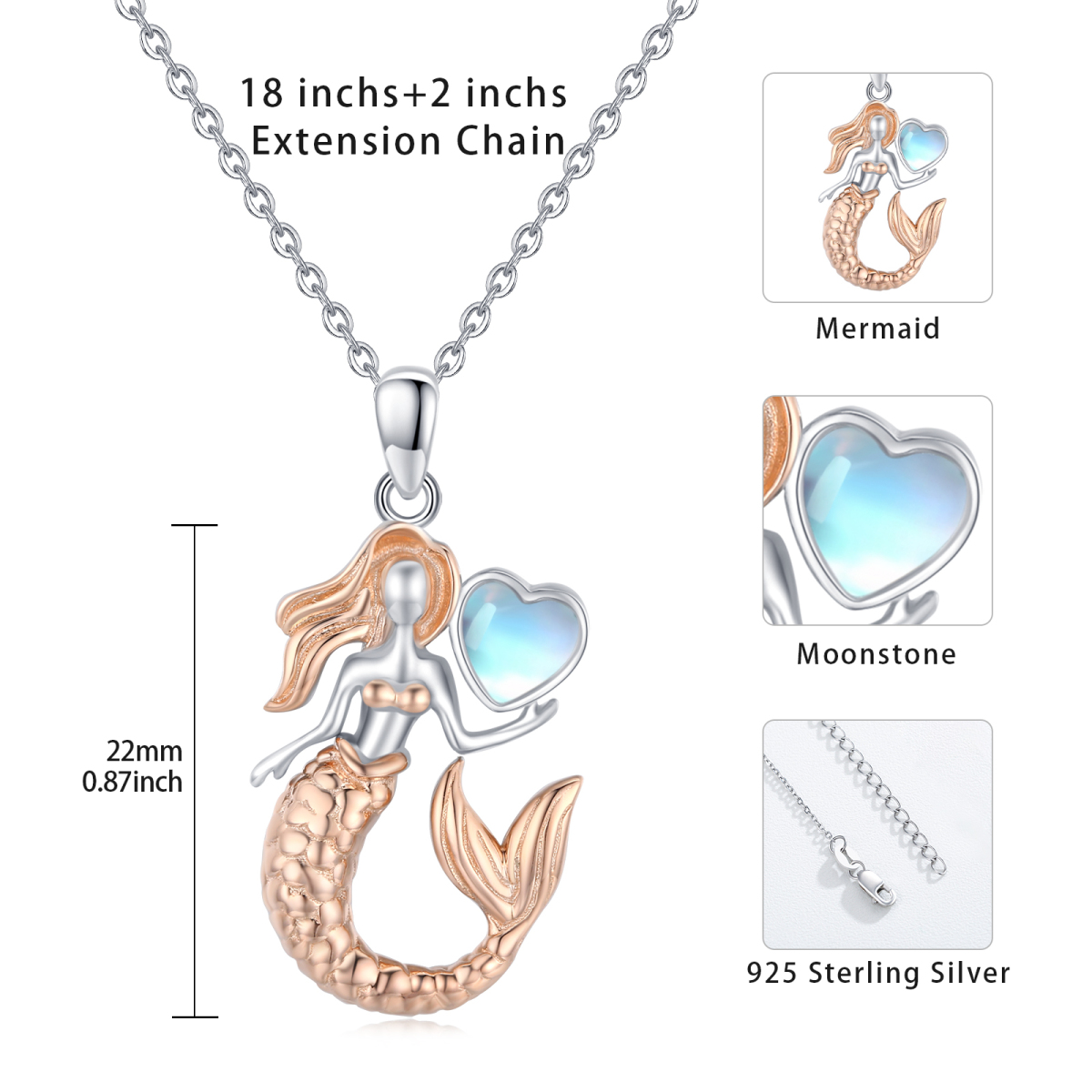 Sterling Silver with Rose Gold Plated Heart Shaped Moonstone Mermaid Tail Pendant Necklace-4