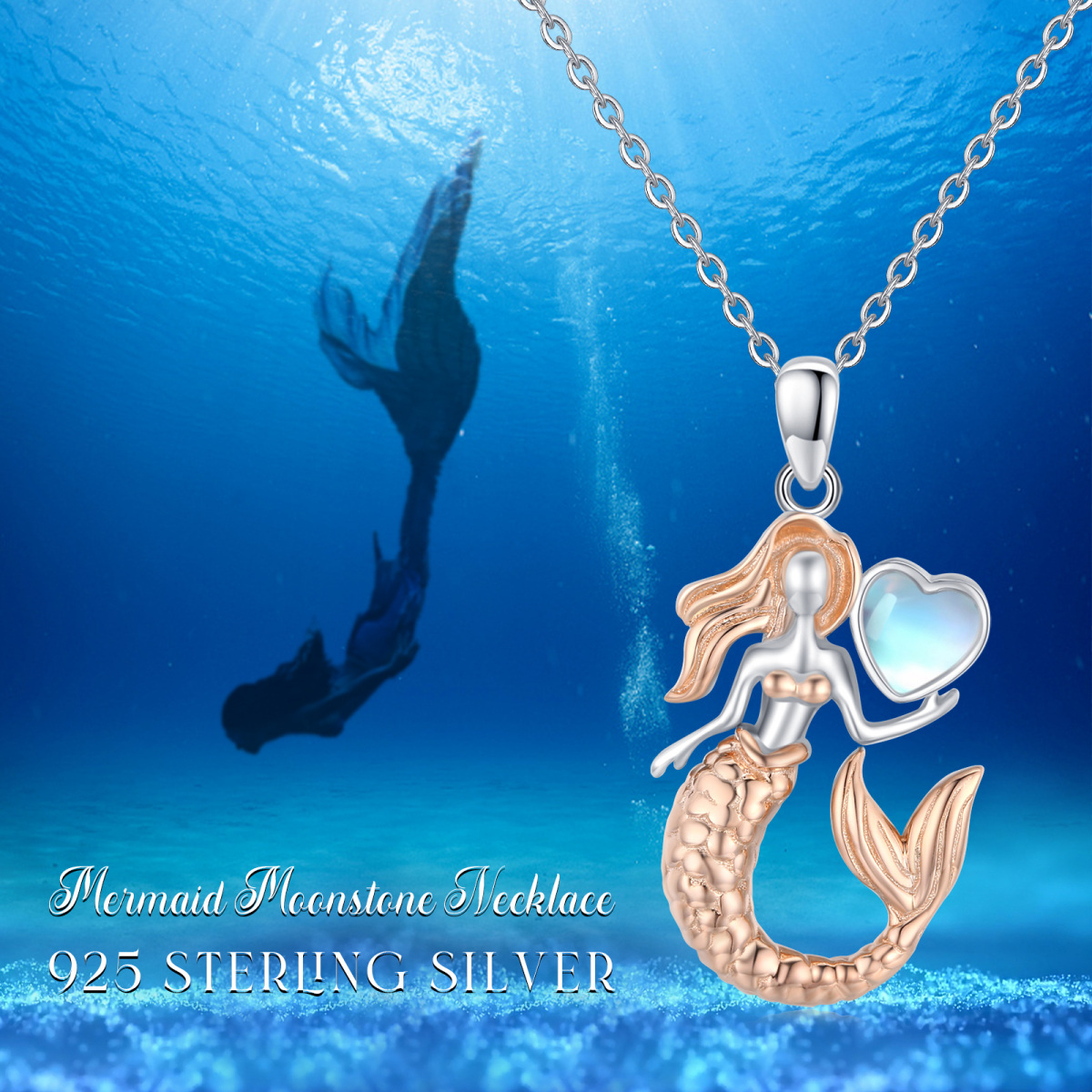 Sterling Silver with Rose Gold Plated Heart Shaped Moonstone Mermaid Tail Pendant Necklace-5