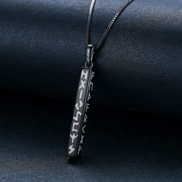 Sterling Silver with Black Plated Viking Rune Bar Necklace-5