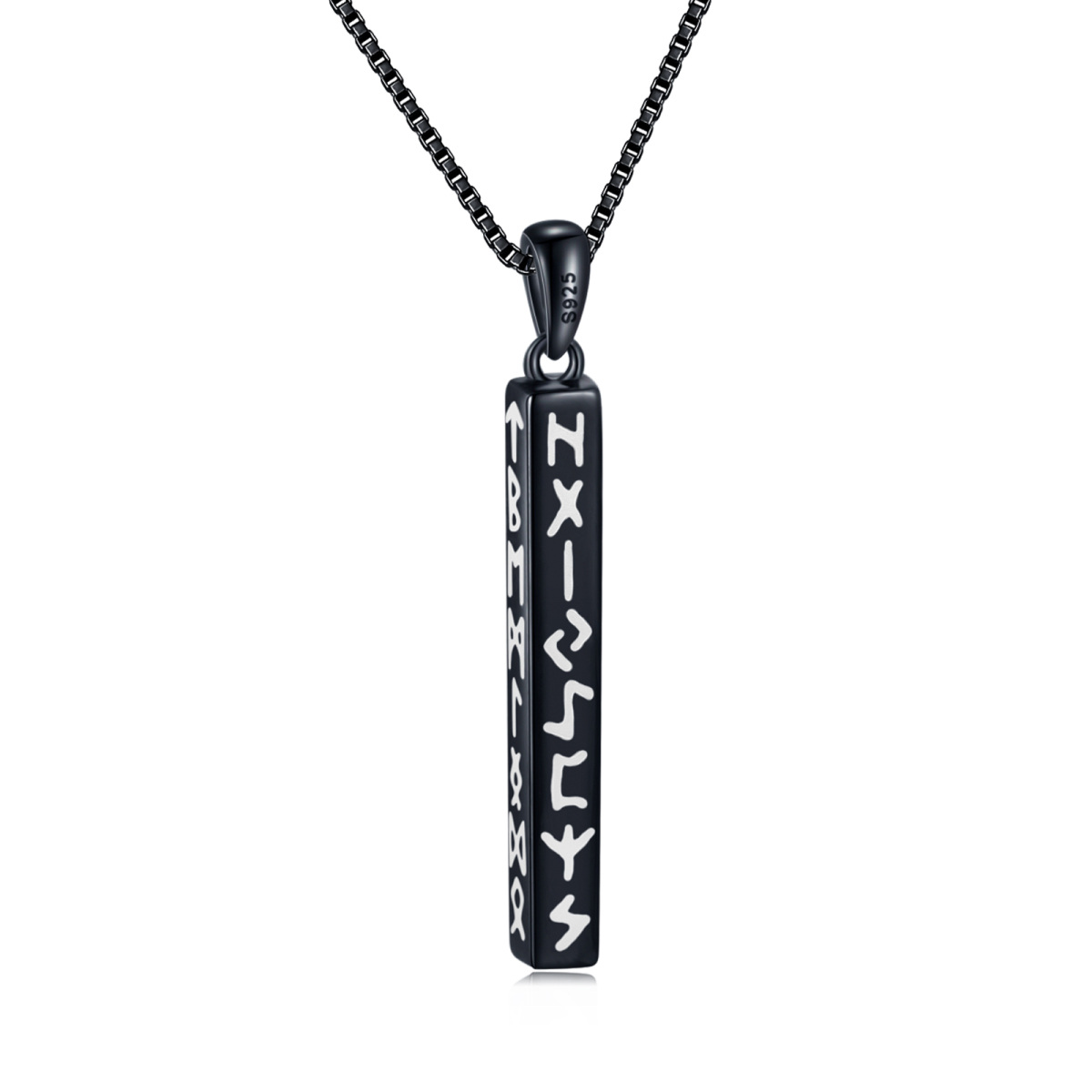 Sterling Silver with Black Plated Viking Rune Bar Necklace-1