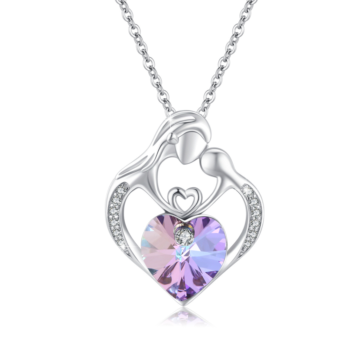 Sterling Silver Heart Shaped Crystal Mother & Daughter Pendant Necklace-1