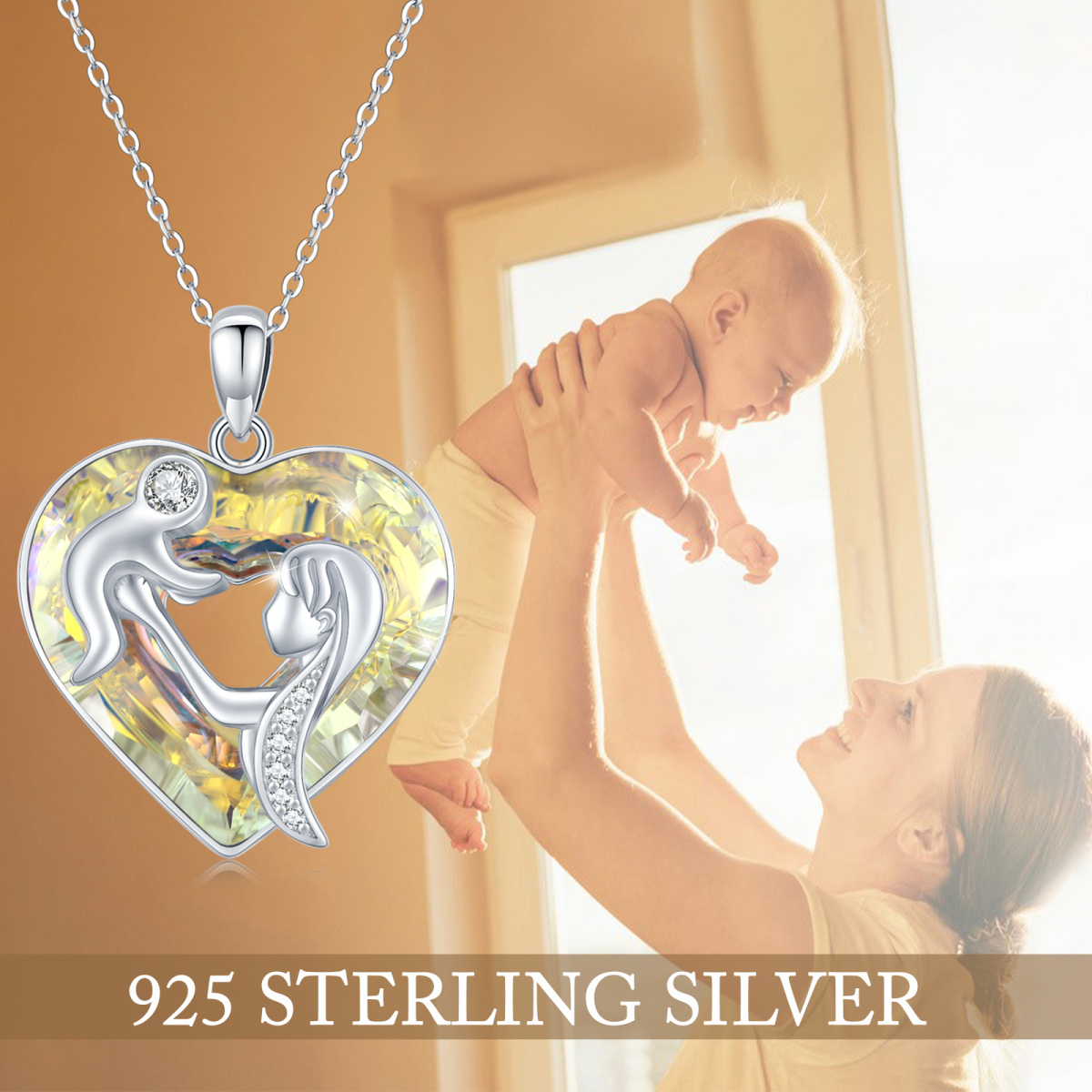 Sterling Silver Heart Shaped Crystal Mother & Daughter & Parents & Children Pendant Necklace-6