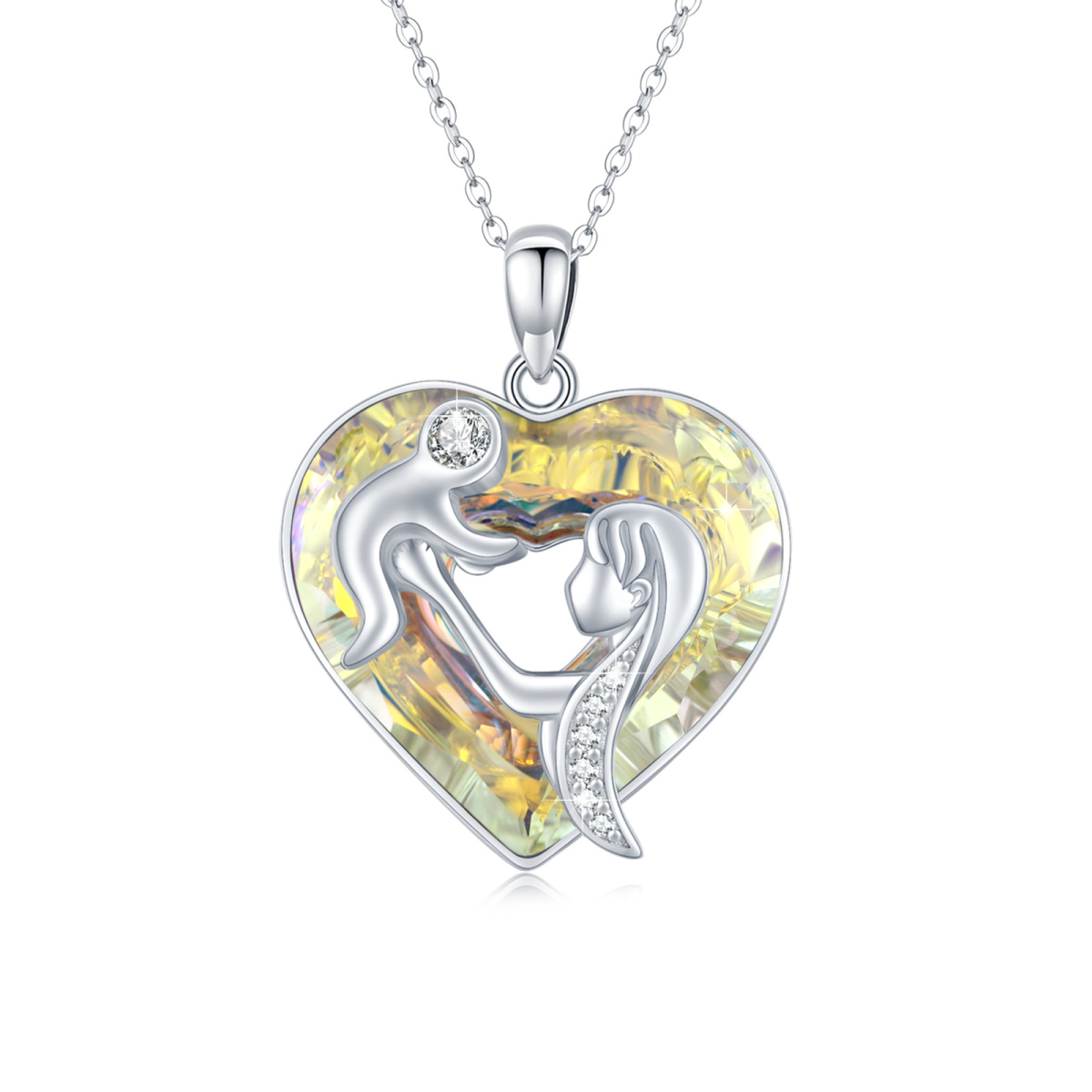 Sterling Silver Heart Shaped Crystal Mother & Daughter & Parents & Children Pendant Necklace-1