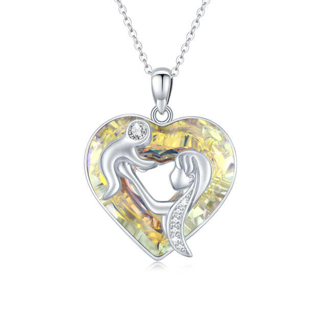 Collana di cristallo a forma di cuore in argento sterling con ciondolo Madre e figlia e Ge-1