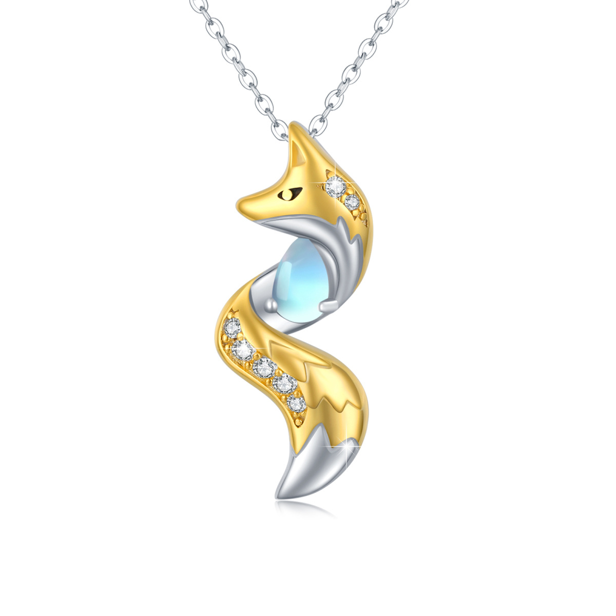 Sterling Silver Two-tone Circular Shaped & Pear Shaped Cubic Zirconia & Moonstone Fox Pendant Necklace-1