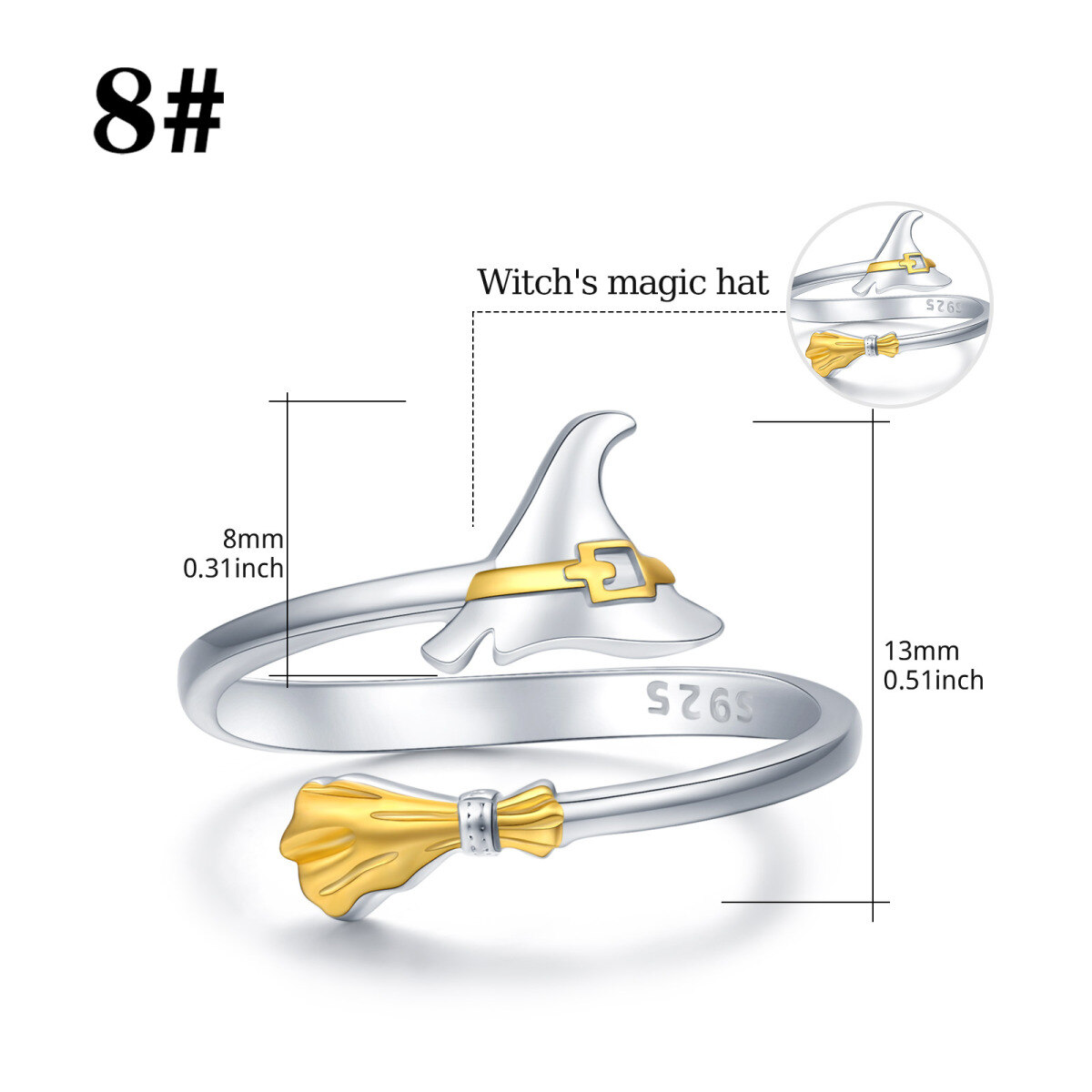 Sterling Silver Two-tone Broom & Witch Cap Open Ring-4