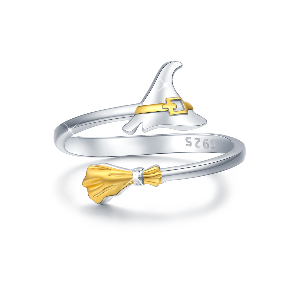 Sterling Silver Two-tone Broom & Witch Cap Open Ring-1