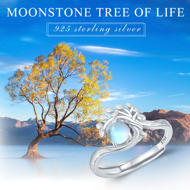 Sterling Silver Round Moonstone Tree Of Life Open Ring-5