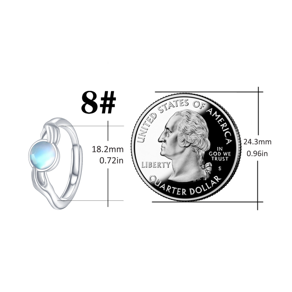 Sterling Silver Round Moonstone Hug Open Ring-6
