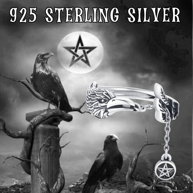 Anel aberto de prata esterlina com corvo e pentagrama-3