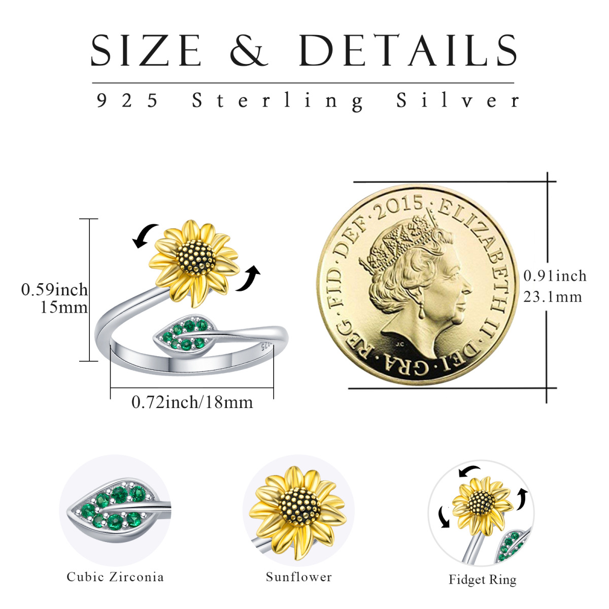 Sterling Silver Two-tone Circular Shaped Cubic Zirconia Sunflower Spinner Ring-5