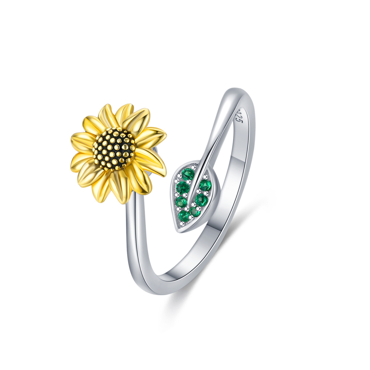 Sterling Silver Two-tone Circular Shaped Cubic Zirconia Sunflower Spinner Ring-1