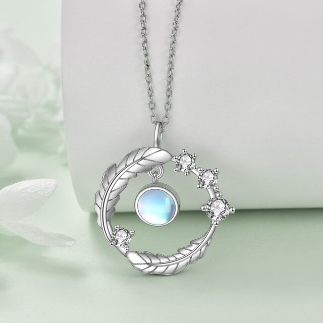 Sterling Silver Round Moonstone Leaves Pendant Necklace-2