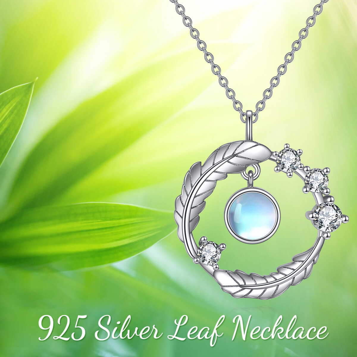 Sterling Silver Round Moonstone Leaves Pendant Necklace-6
